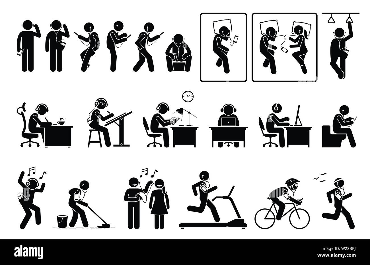 À l'aide de l'homme et l'écoute téléphonique dans l'écouteur poses différentes figures bâton pictogramme. Les œuvres montrent des personnes ou de la personne à l'écoute de musique, podcast, ou Illustration de Vecteur