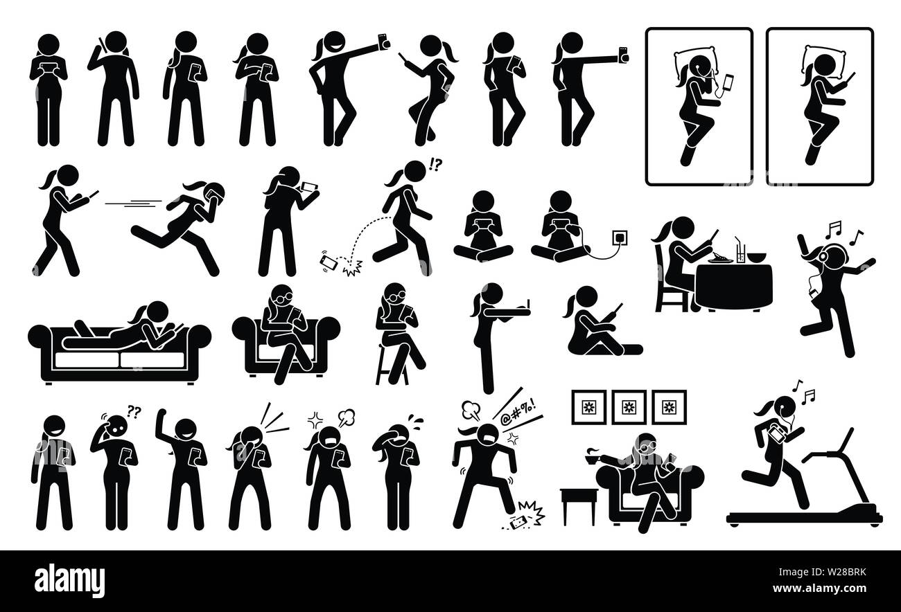 Femme à l'aide de téléphone portable ou smartphone dans différentes poses, actions, émotions, réactions, et des lieux. Autres œuvres de l'Illustre une femme stick figure à l'aide d'un téléphone cellulaire Illustration de Vecteur