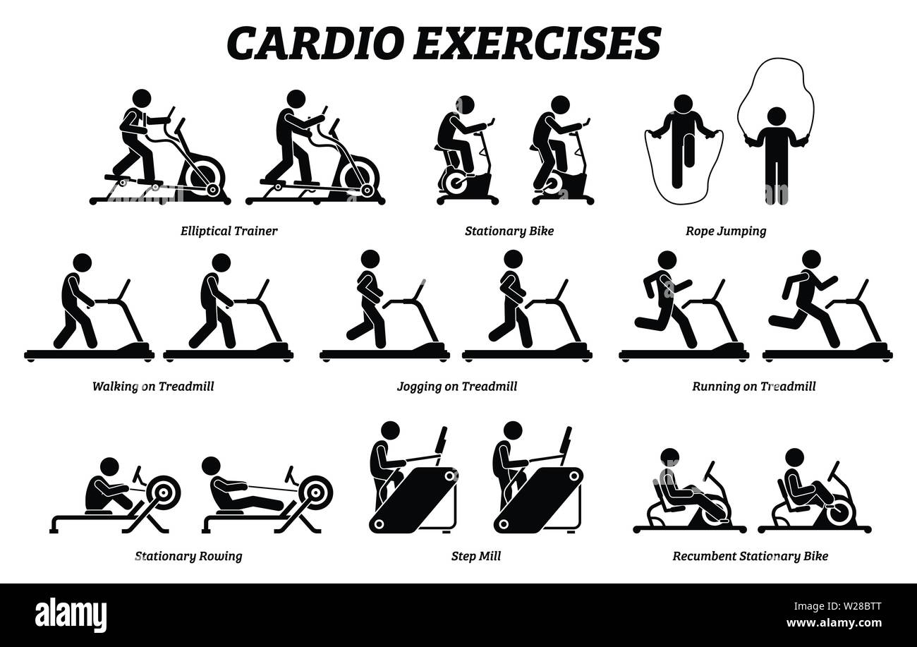 Exercices de cardio et de fitness à la salle de sport. Œuvres dépeignent l'exercice cardio, la machine d'entraînement elliptique, vélo stationnaire, saut à la corde, d'un tapis roulant, s Illustration de Vecteur