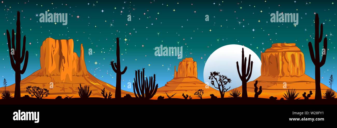 Nuit paysage du désert de l'Arizona. Rocky paysage désert. Montagnes et cactus. Monument Valley en Arizona et l'Utah. Illustration de Vecteur