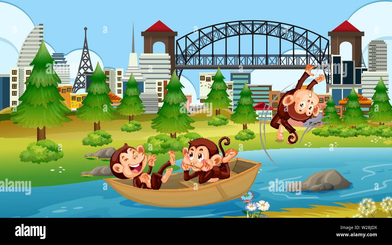 Des singes dans l'illustration de la scène du bateau Illustration de Vecteur
