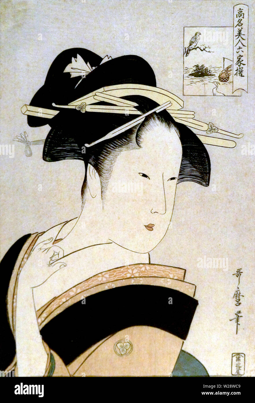 Beautés de renommée mondiale comparée à la Six poètes immortels:Takashima Hisa, par Kitagawa Utamaro, gravure sur bois, période Edo Banque D'Images