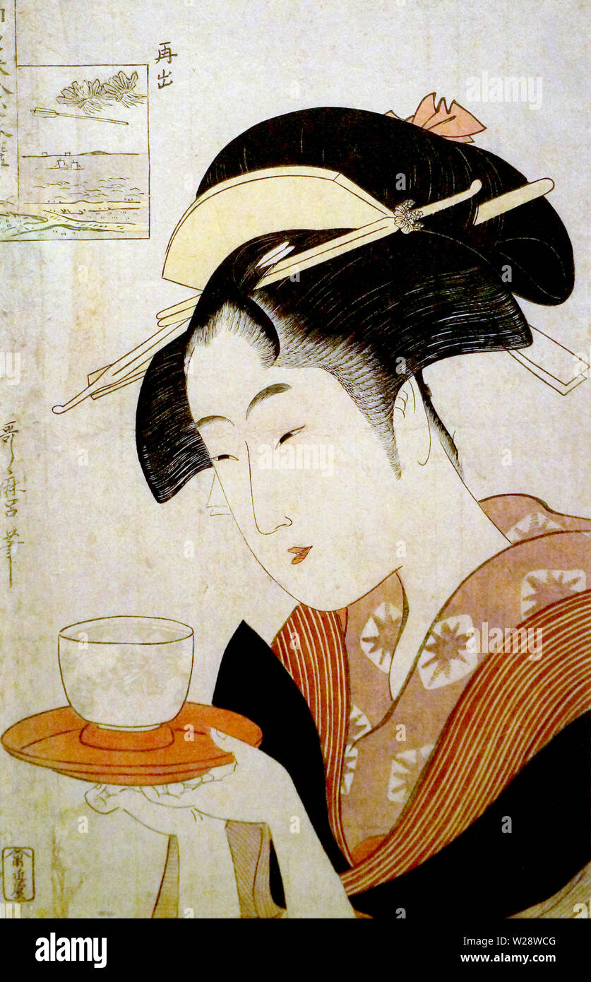 Beautés de renommée mondiale comparée à la Six poètes immortels : Naniwaya Okita, par Kitagawa Utamaro, gravure sur bois, période Edo Banque D'Images