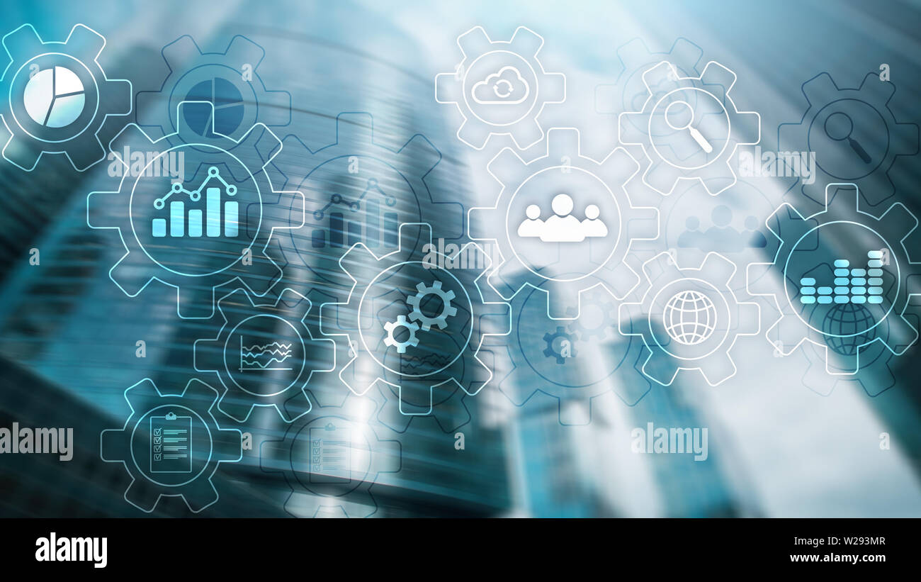 Résumé des processus d'affaires avec les pignons et les icônes de diagramme. La technologie d'automatisation du workflow et de concept. Banque D'Images