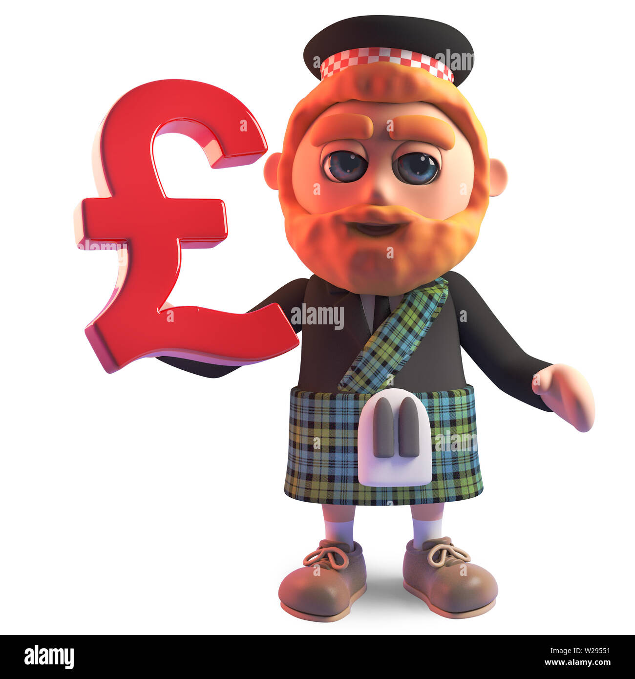 L'homme en kilt écossais est titulaire d'un symbole monétaire livres sterling du Royaume-Uni, illustration 3D render Banque D'Images