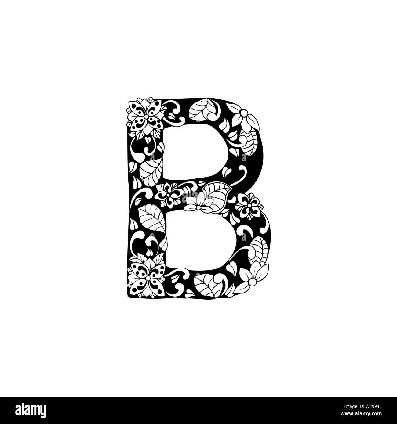 Lettre Floral contours illustration. Symbole de l'alphabet pour livre de coloriage ou une coupe au laser. Feuilles, fleurs, pétales de dessin. Blossom linéaire monochrome. Noir et blanc avec monogramme texture batik Illustration de Vecteur