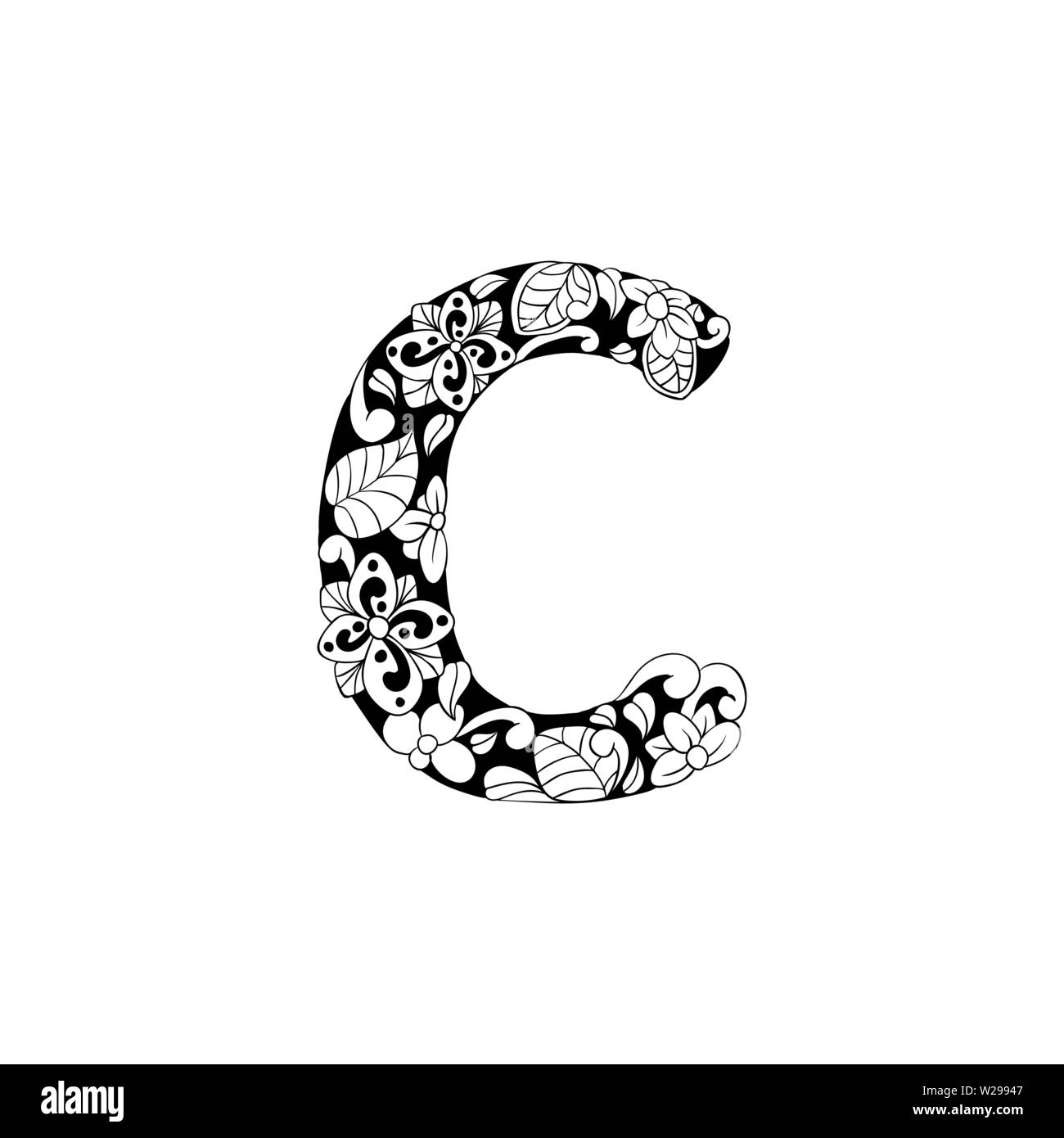 Lettre Floral contours illustration. Symbole de l'alphabet pour livre de coloriage ou une coupe au laser. Feuilles, fleurs, pétales de dessin. Blossom linéaire monochrome. Noir et blanc avec monogramme texture batik Illustration de Vecteur