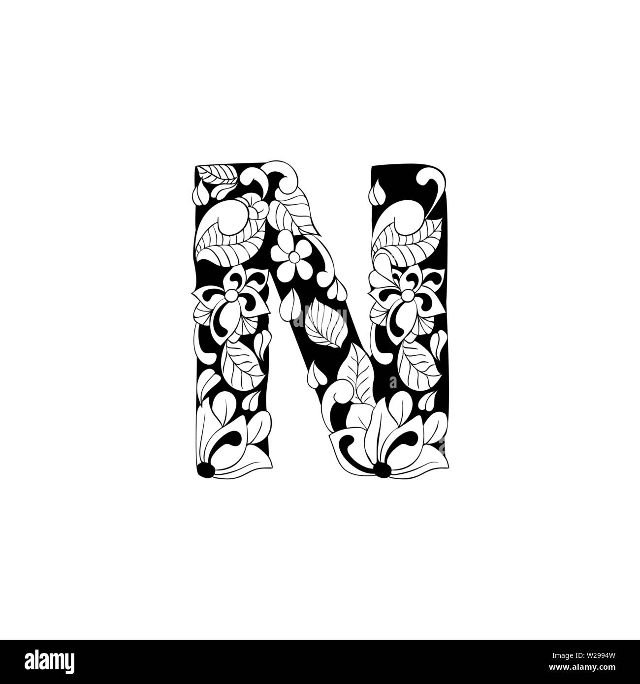 Lettre Floral contours illustration. Symbole de l'alphabet pour livre de coloriage ou une coupe au laser. Feuilles, fleurs, pétales de dessin. Blossom linéaire monochrome. Noir et blanc avec monogramme texture batik Illustration de Vecteur
