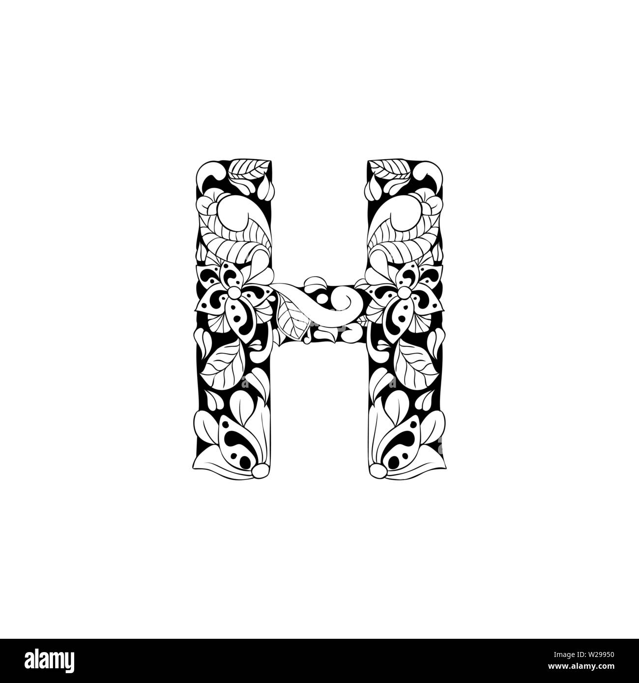 Lettre Floral contours illustration. Symbole de l'alphabet pour livre de coloriage ou une coupe au laser. Feuilles, fleurs, pétales de dessin. Blossom linéaire monochrome. Noir et blanc avec monogramme texture batik Illustration de Vecteur