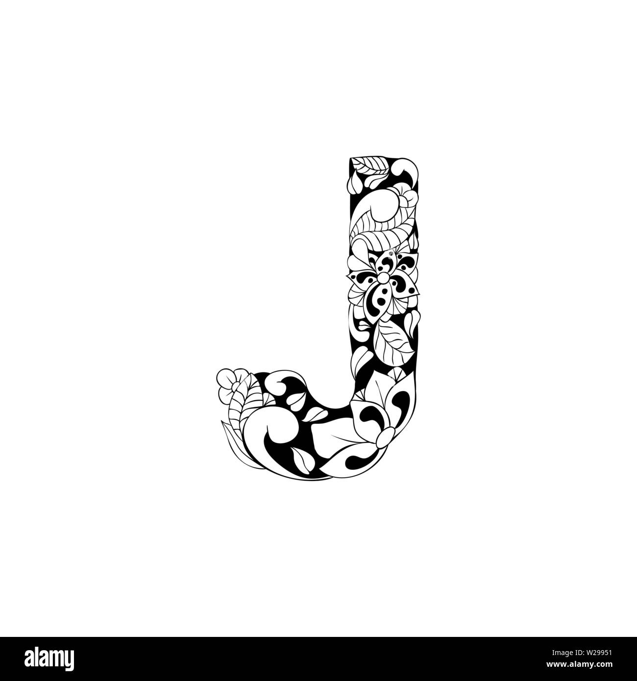 Lettre Floral contours illustration. Symbole de l'alphabet pour livre de coloriage ou une coupe au laser. Feuilles, fleurs, pétales de dessin. Blossom linéaire monochrome. Noir et blanc avec monogramme texture batik Illustration de Vecteur
