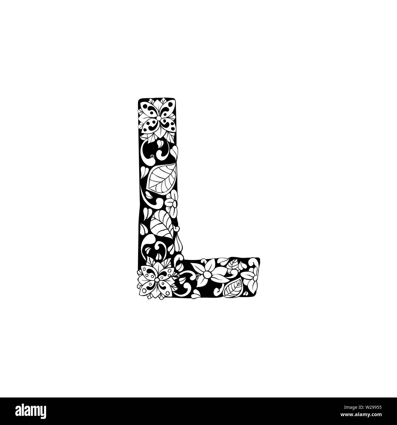 Lettre Floral contours illustration. Symbole de l'alphabet pour livre de coloriage ou une coupe au laser. Feuilles, fleurs, pétales de dessin. Blossom linéaire monochrome. Noir et blanc avec monogramme texture batik Illustration de Vecteur