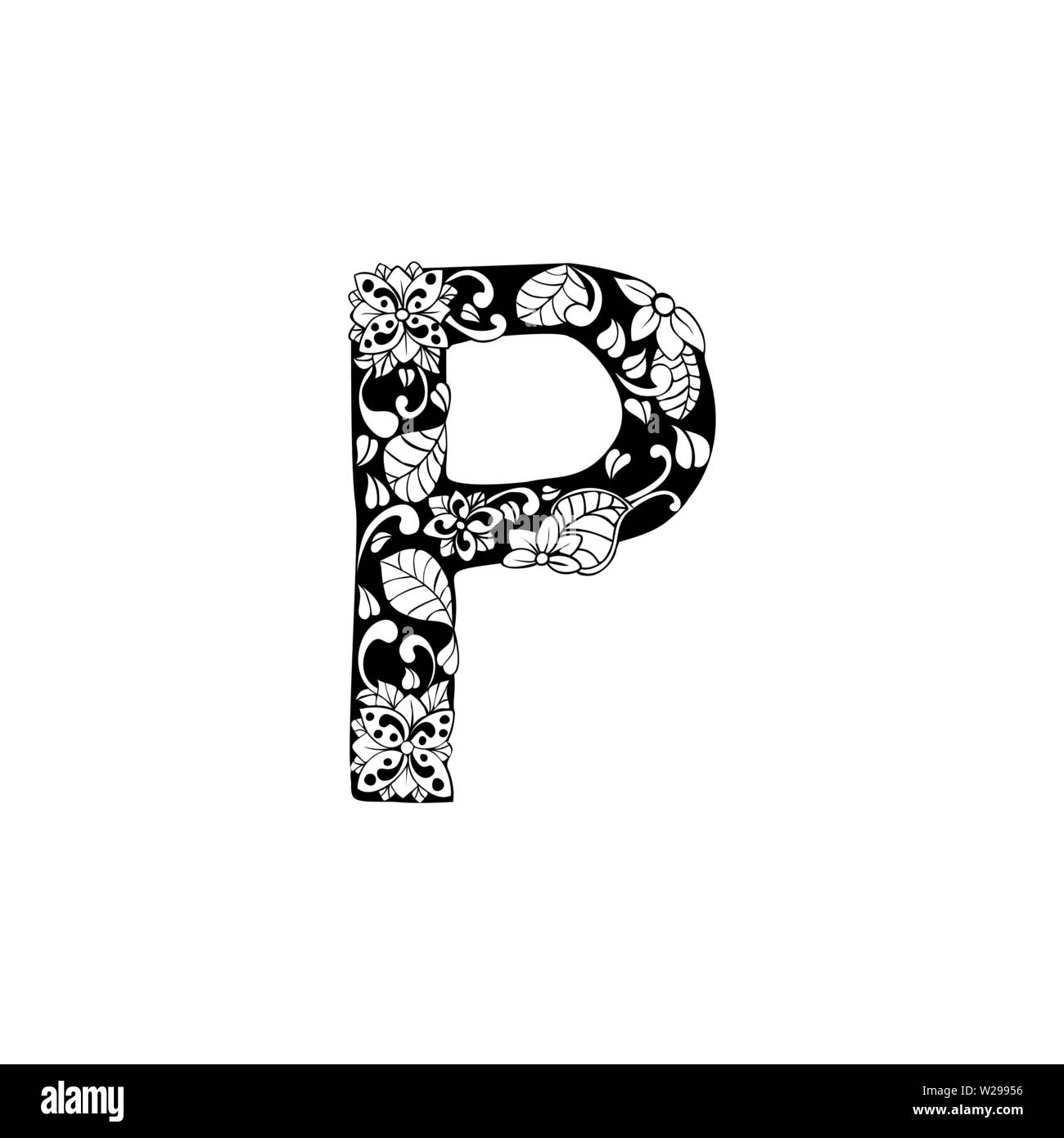Lettre Floral contours illustration. Symbole de l'alphabet pour livre de coloriage ou une coupe au laser. Feuilles, fleurs, pétales de dessin. Blossom linéaire monochrome. Noir et blanc avec monogramme texture batik Illustration de Vecteur