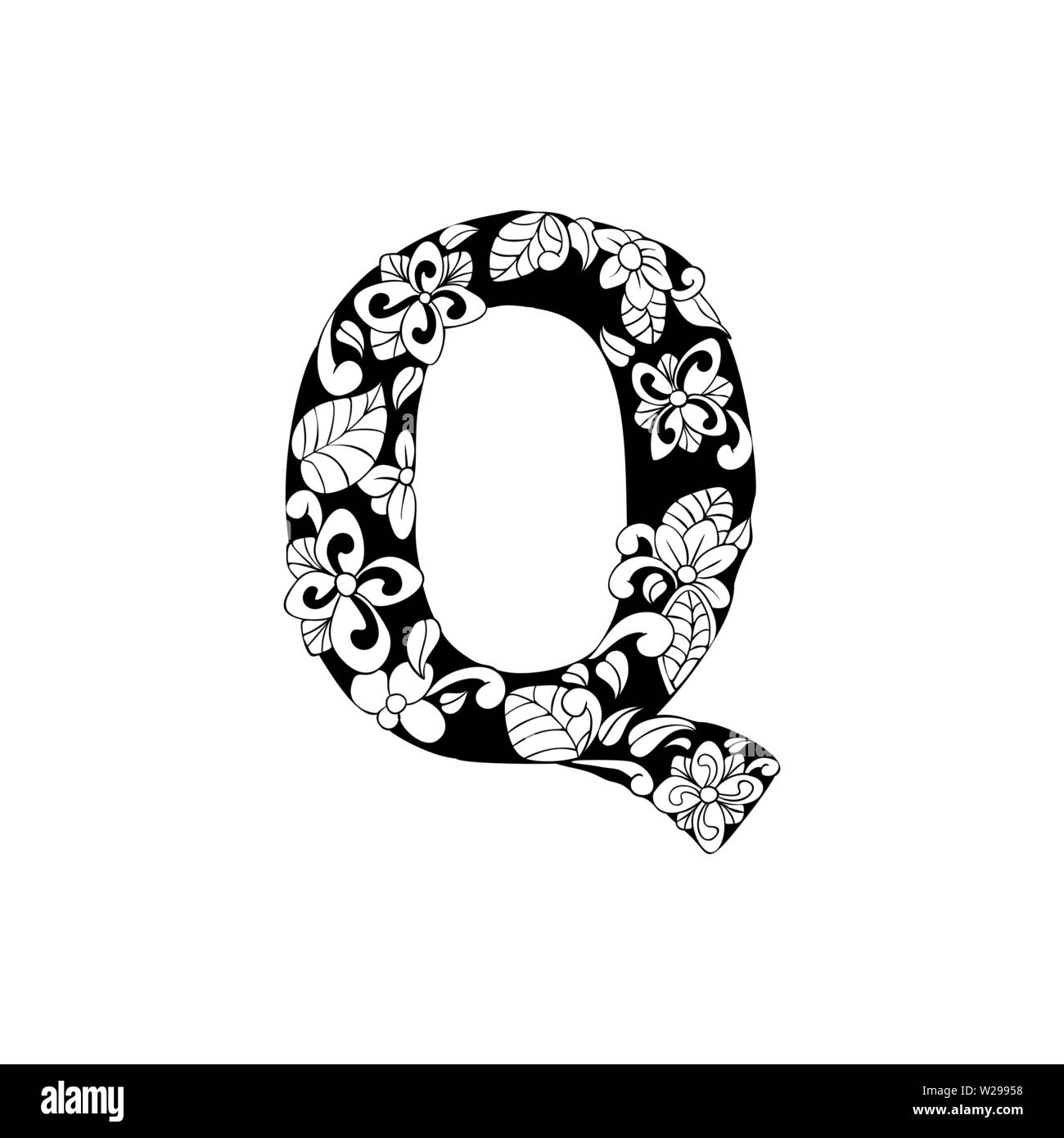 Lettre Floral contours illustration. Symbole de l'alphabet pour livre de coloriage ou une coupe au laser. Feuilles, fleurs, pétales de dessin. Blossom linéaire monochrome. Noir et blanc avec monogramme texture batik Illustration de Vecteur