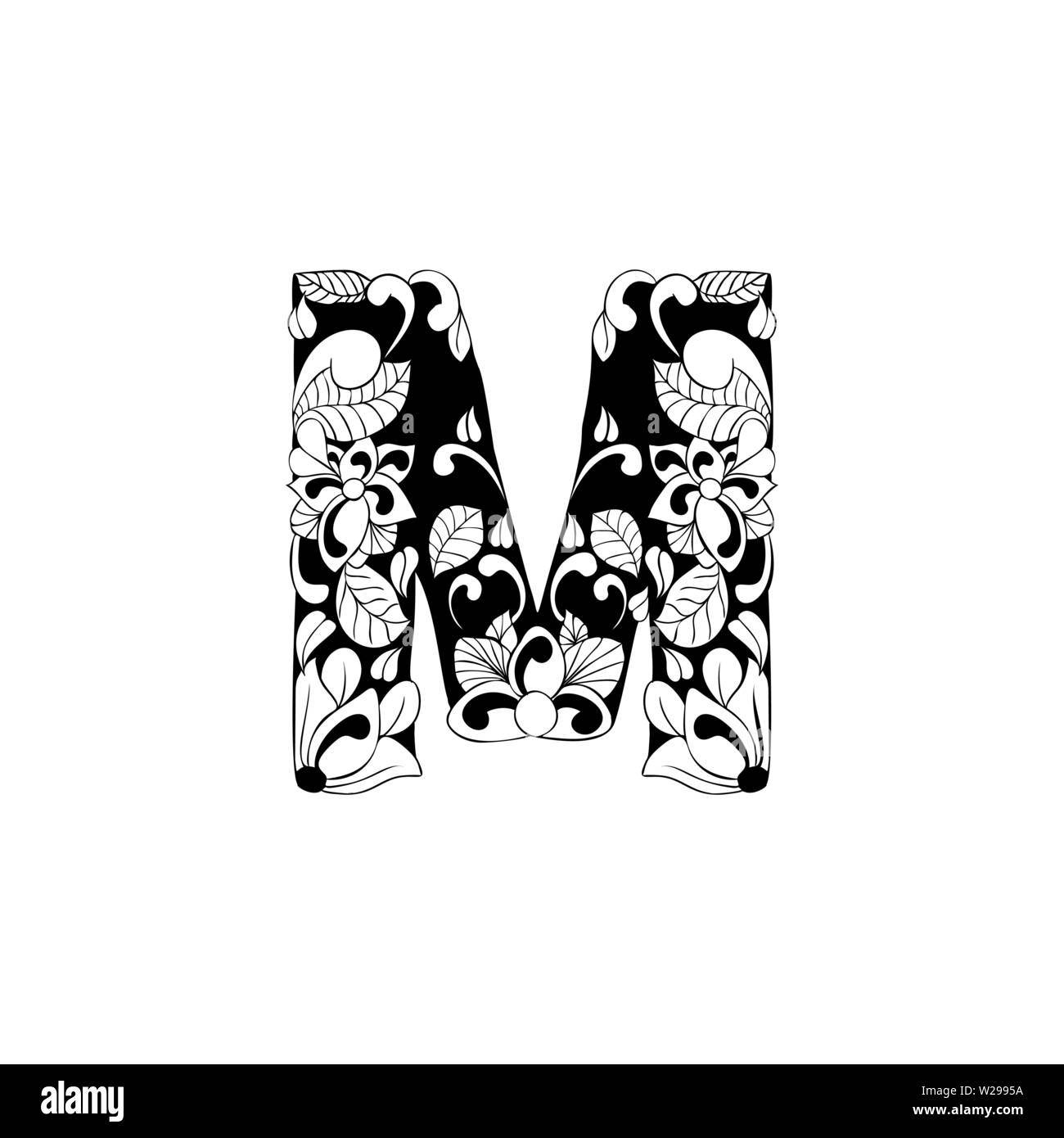 Lettre Floral contours illustration. Symbole de l'alphabet pour livre de coloriage ou une coupe au laser. Feuilles, fleurs, pétales de dessin. Blossom linéaire monochrome. Noir et blanc avec monogramme texture batik Illustration de Vecteur