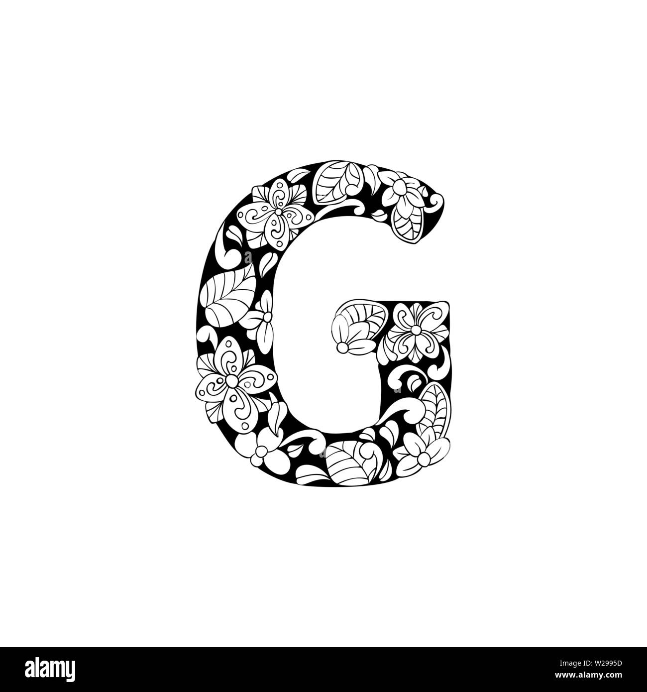 Lettre Floral contours illustration. Symbole de l'alphabet pour livre de coloriage ou une coupe au laser. Feuilles, fleurs, pétales de dessin. Blossom linéaire monochrome. Noir et blanc avec monogramme texture batik Illustration de Vecteur
