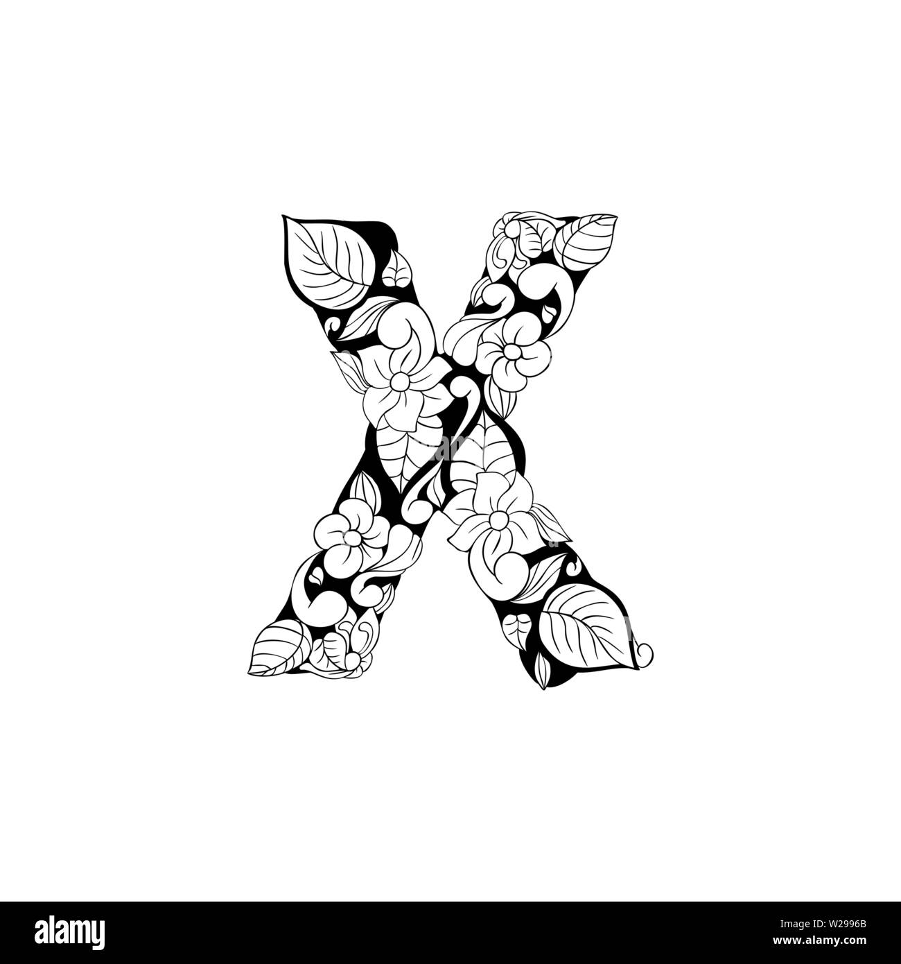 Lettre Floral contours illustration. Symbole de l'alphabet pour livre de coloriage ou une coupe au laser. Feuilles, fleurs, pétales de dessin. Blossom linéaire monochrome. Noir et blanc avec monogramme texture batik Illustration de Vecteur