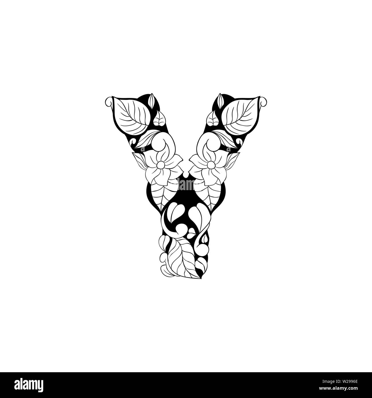 Lettre Floral contours illustration. Symbole de l'alphabet pour livre de coloriage ou une coupe au laser. Feuilles, fleurs, pétales de dessin. Blossom linéaire monochrome. Noir et blanc avec monogramme texture batik Illustration de Vecteur