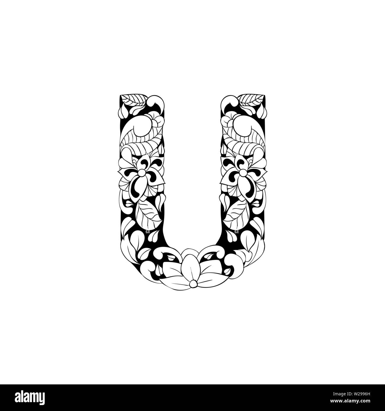 Lettre Floral contours illustration. Symbole de l'alphabet pour livre de coloriage ou une coupe au laser. Feuilles, fleurs, pétales de dessin. Blossom linéaire monochrome. Noir et blanc avec monogramme texture batik Illustration de Vecteur