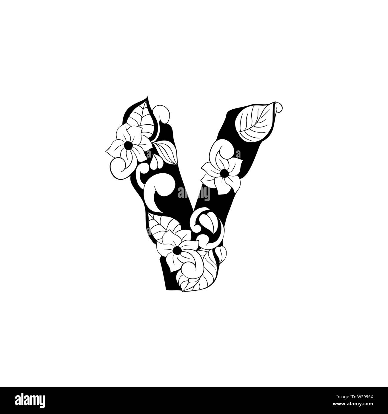 Lettre Floral contours illustration. Symbole de l'alphabet pour livre de coloriage ou une coupe au laser. Feuilles, fleurs, pétales de dessin. Blossom linéaire monochrome. Noir et blanc avec monogramme texture batik Illustration de Vecteur