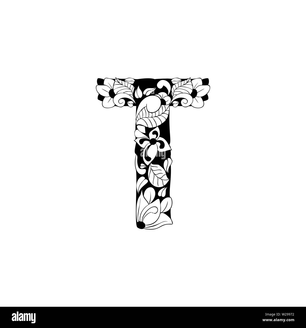 Lettre Floral contours illustration. Symbole de l'alphabet pour livre de coloriage ou une coupe au laser. Feuilles, fleurs, pétales de dessin. Blossom linéaire monochrome. Noir et blanc avec monogramme texture batik Illustration de Vecteur
