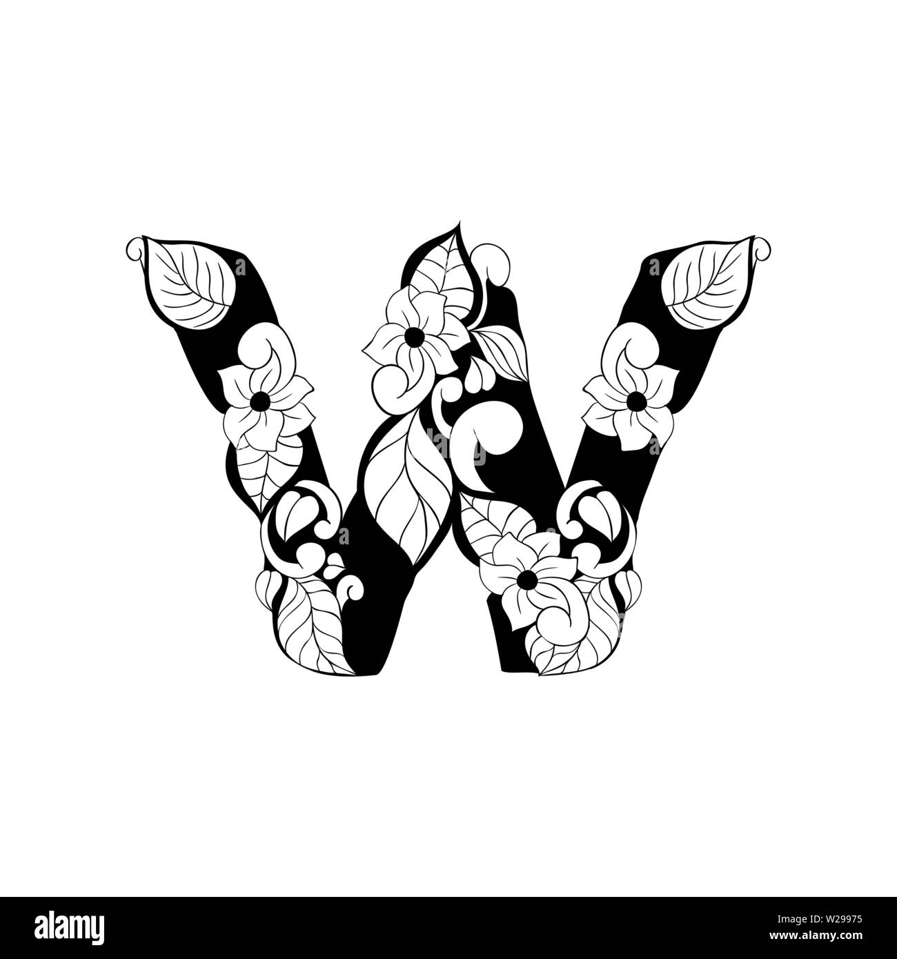 Lettre Floral contours illustration. Symbole de l'alphabet pour livre de coloriage ou une coupe au laser. Feuilles, fleurs, pétales de dessin. Blossom linéaire monochrome. Noir et blanc avec monogramme texture batik Illustration de Vecteur