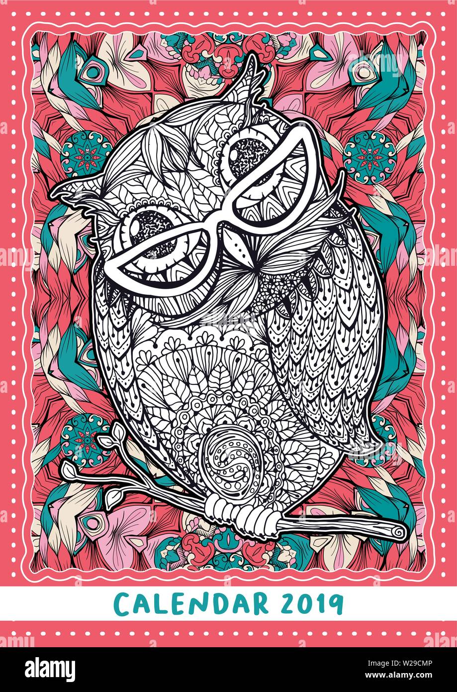 Calendrier de Noël couvrir avec Owl Bird. Livre de coloriage antistress pour 2019 Nouvelle année calendrier mural. Contours multicolores en oiseaux, à motifs Style Doodle Illustration de Vecteur