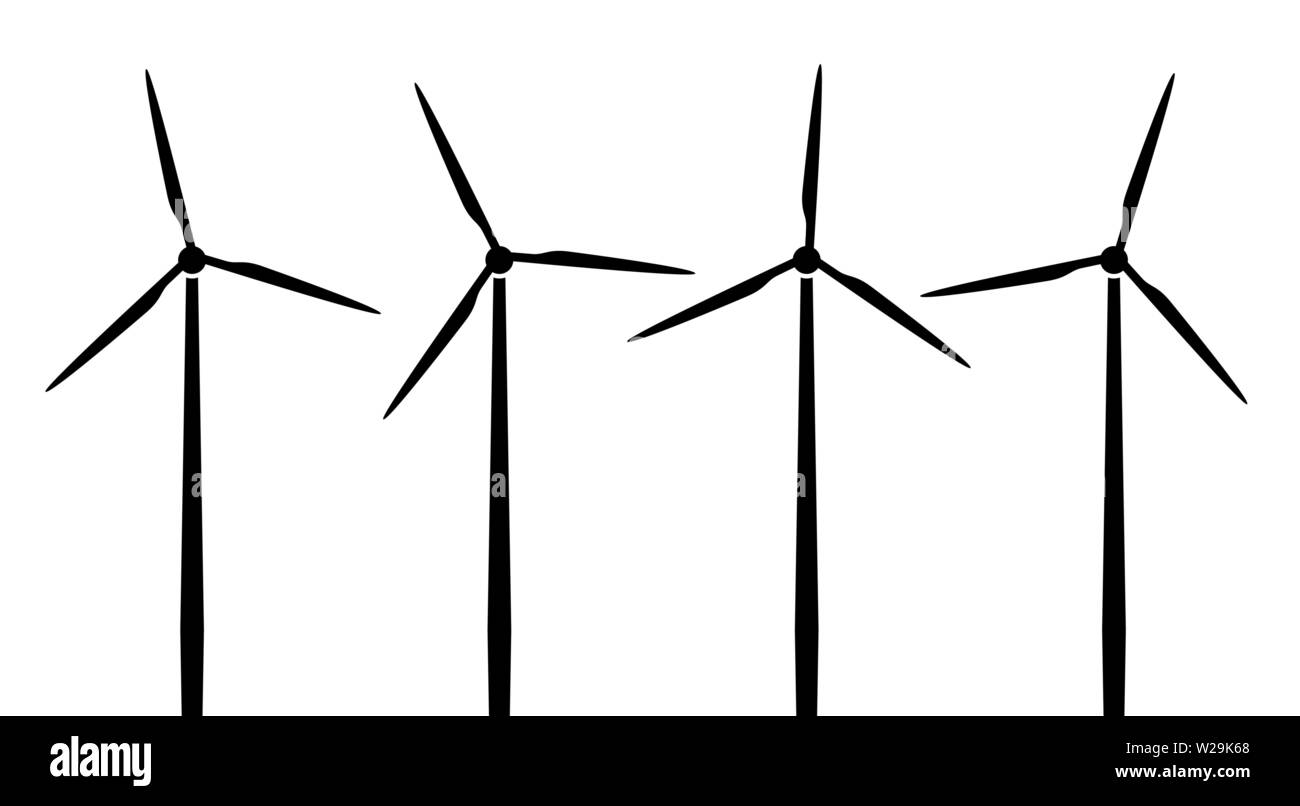 Silhouettes d'éoliennes. Illustration avec quatre générateurs du vent isolé sur fond blanc. Moulin de vecteur. Illustration de Vecteur