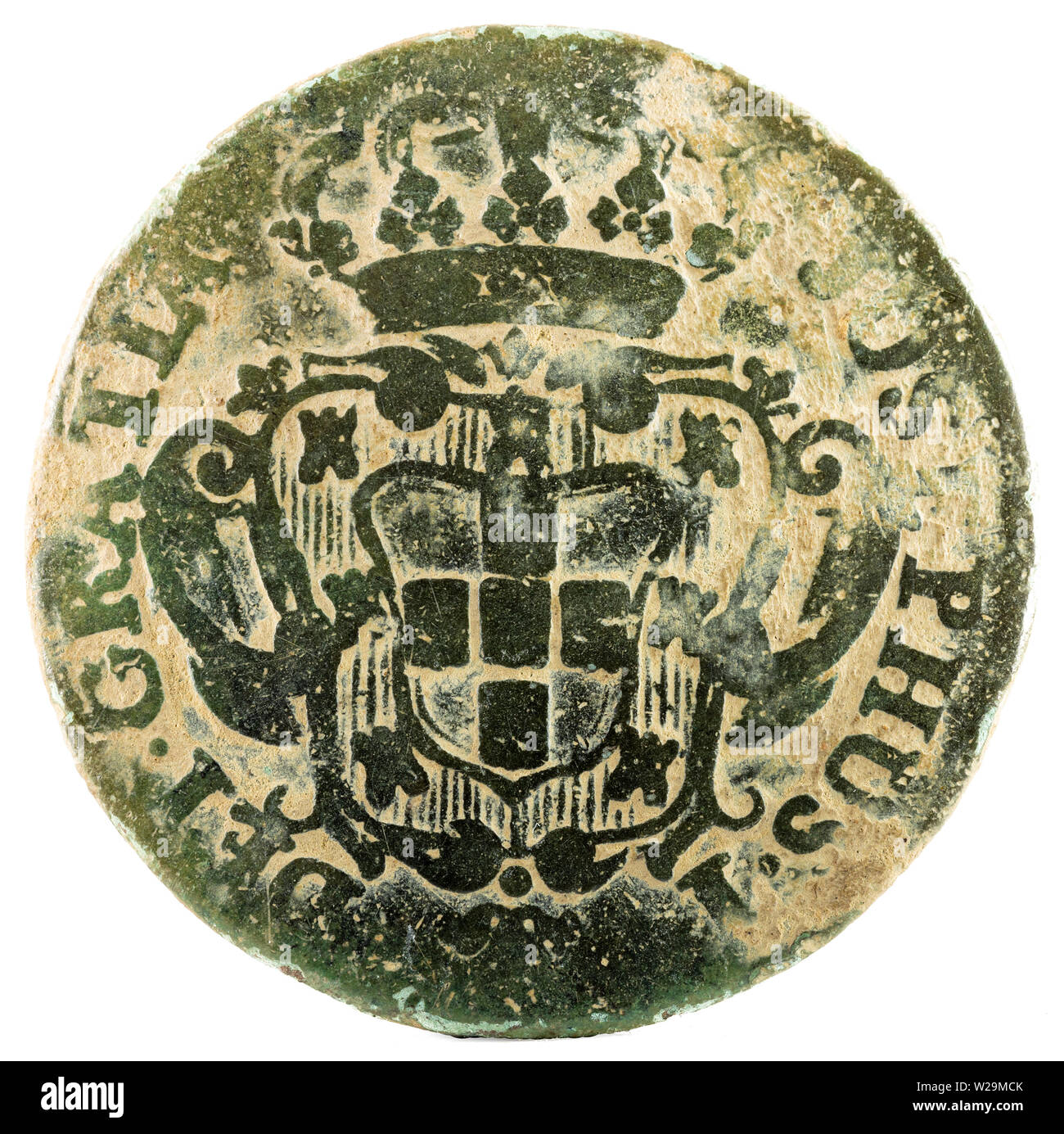 Pièce de cuivre antique du Portugal. 10 Reis de du Roi Jose I. 1765. Avers. Banque D'Images