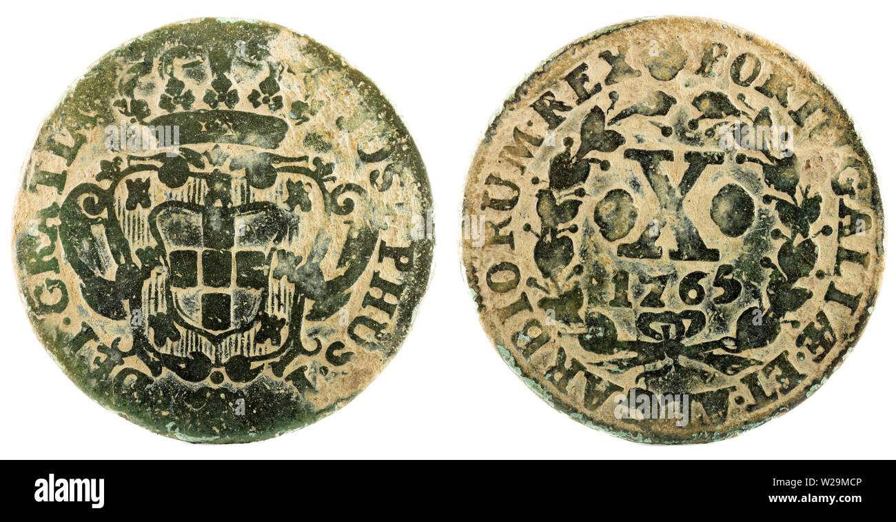 Pièce de cuivre antique du Portugal. 10 Reis de du Roi Jose I. 1765. Banque D'Images