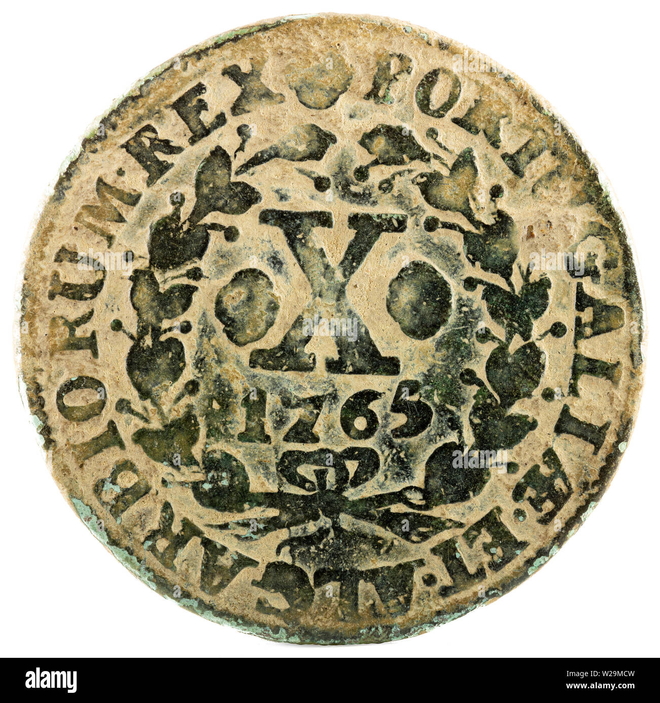 Pièce de cuivre antique du Portugal. 10 Reis de du Roi Jose I. 1765. Marche arrière. Banque D'Images