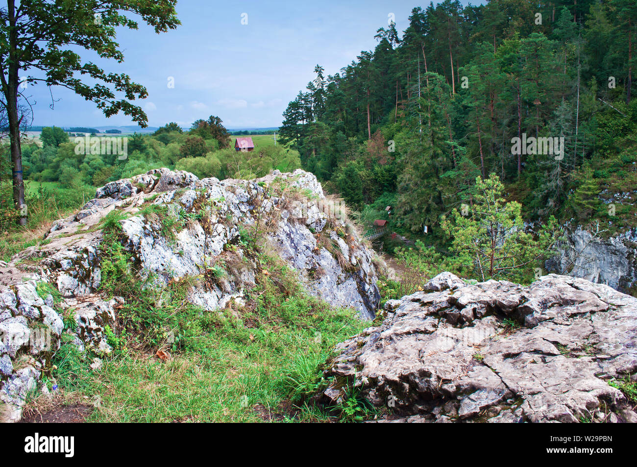 Vue d'une petite cabane rouge dans un bois près de Hornad canyon, Paradis slovaque, Slovaquie. Des pins vert foncé, d'énormes rochers. Jour nuageux en septembre. Banque D'Images