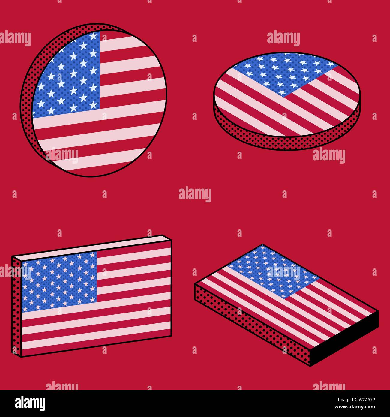 Ensemble d'icônes isométrique de USA flag en style rétro, symboles de l'Amérique sur fond rouge Illustration de Vecteur