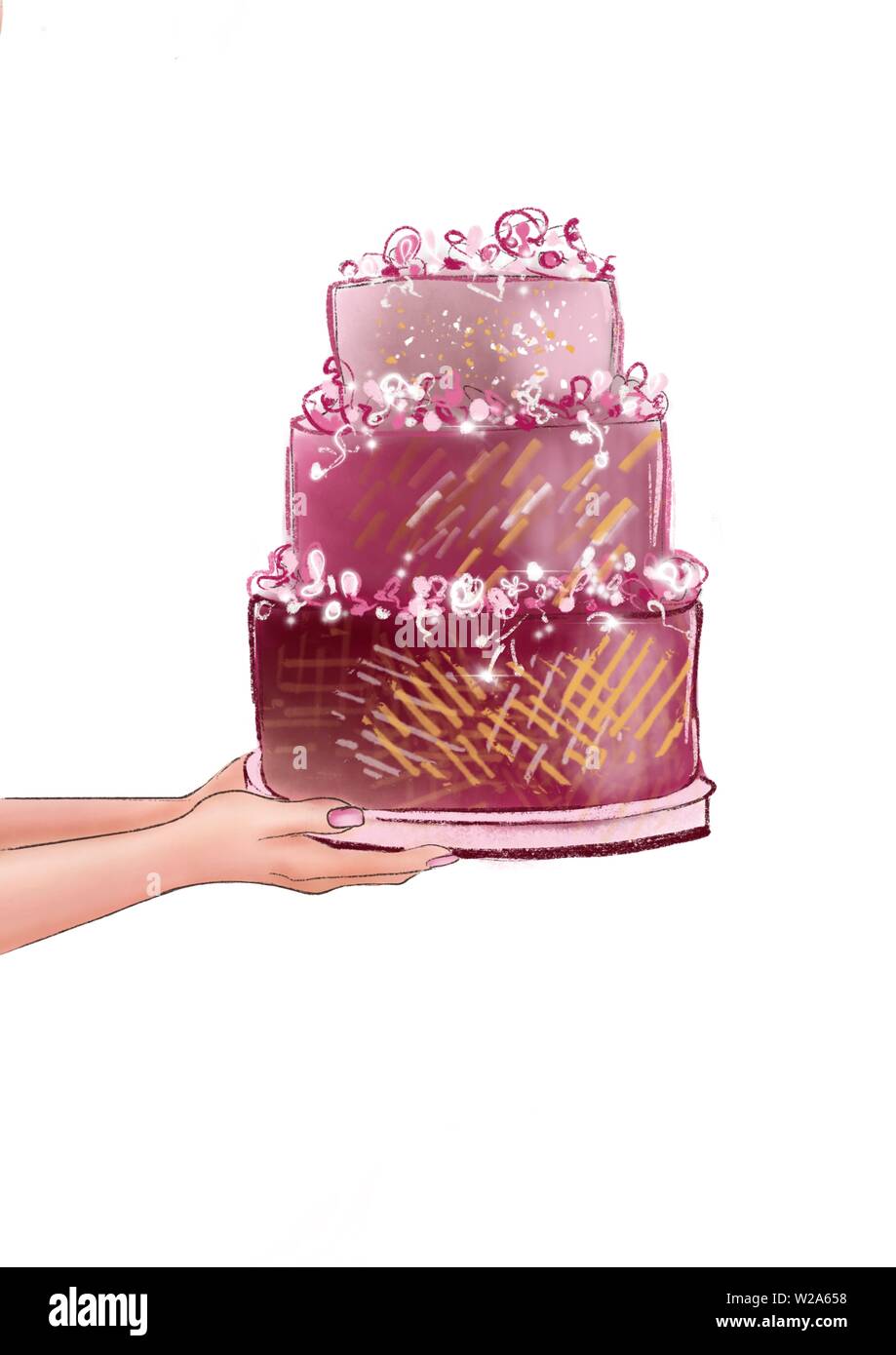 Woman's hands holding gâteau multicouches de couleur rose. Banque D'Images