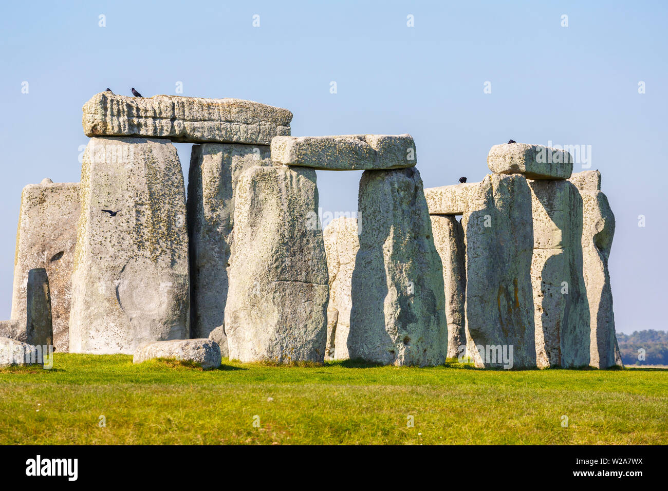 Vue du célèbre Stonehenge avec d'énormes pierres sarsen, l'âge du bronze Stone temple attraction touristique, la plaine de Salisbury, Wiltshire, Angleterre SW Banque D'Images