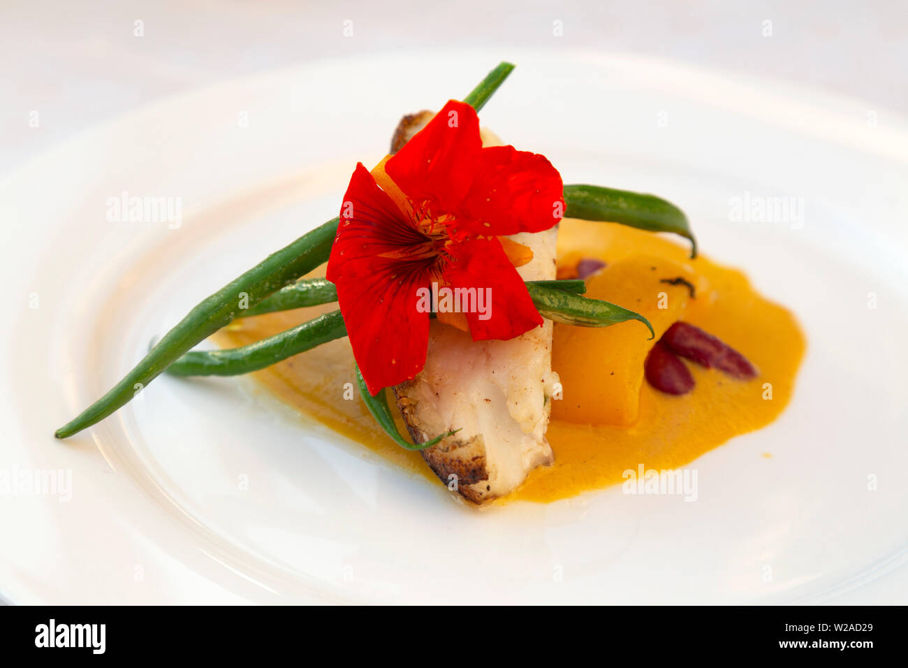 La baudroie est servi avec légumes, sauce et une fleur comestible. Banque D'Images