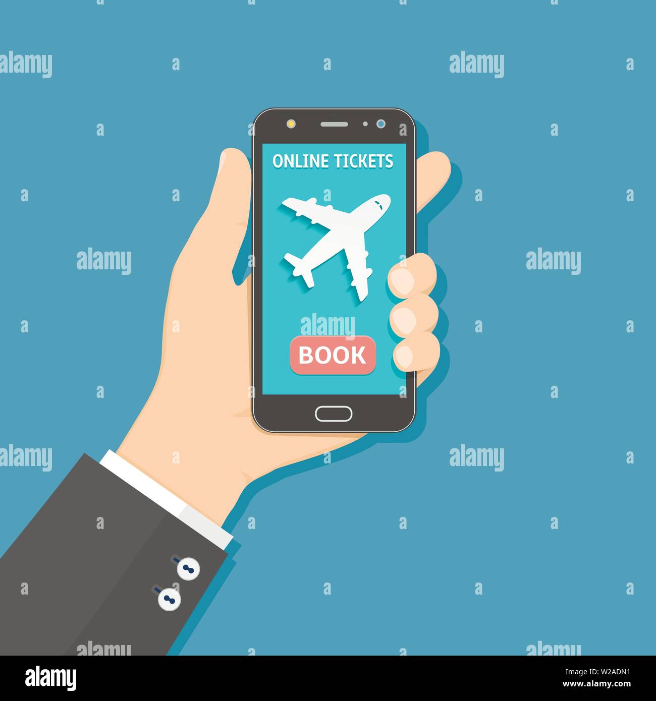 Réservation en ligne des billets de vol du smartphone, style plat illustration Illustration de Vecteur