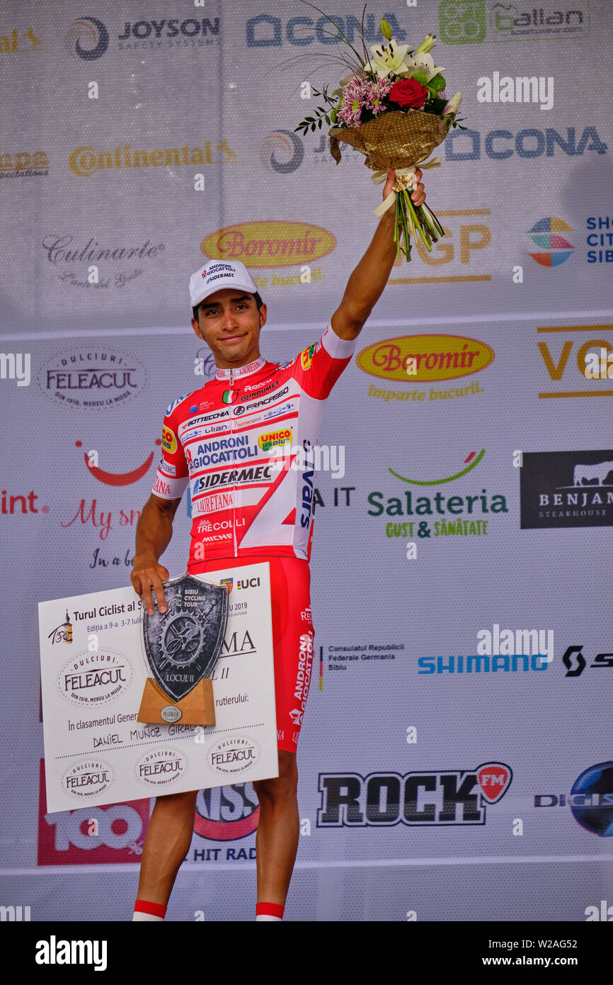 Daniel Felipe Munoz cycliste de l'équipe Androni Giraldo ( Sedermerc- Luxe4Good) la deuxième place du Tour à vélo, Sibiu, Roumanie, 7 juillet 2019 Banque D'Images