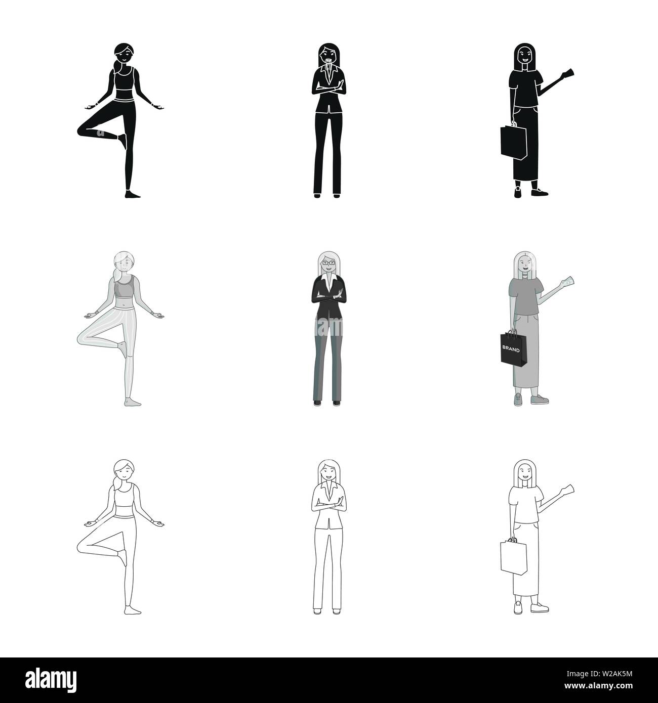 Objet isolé de la posture et de l'humeur d'un logo. Ensemble de posture et d'illustration vectorielle stock femelle. Illustration de Vecteur