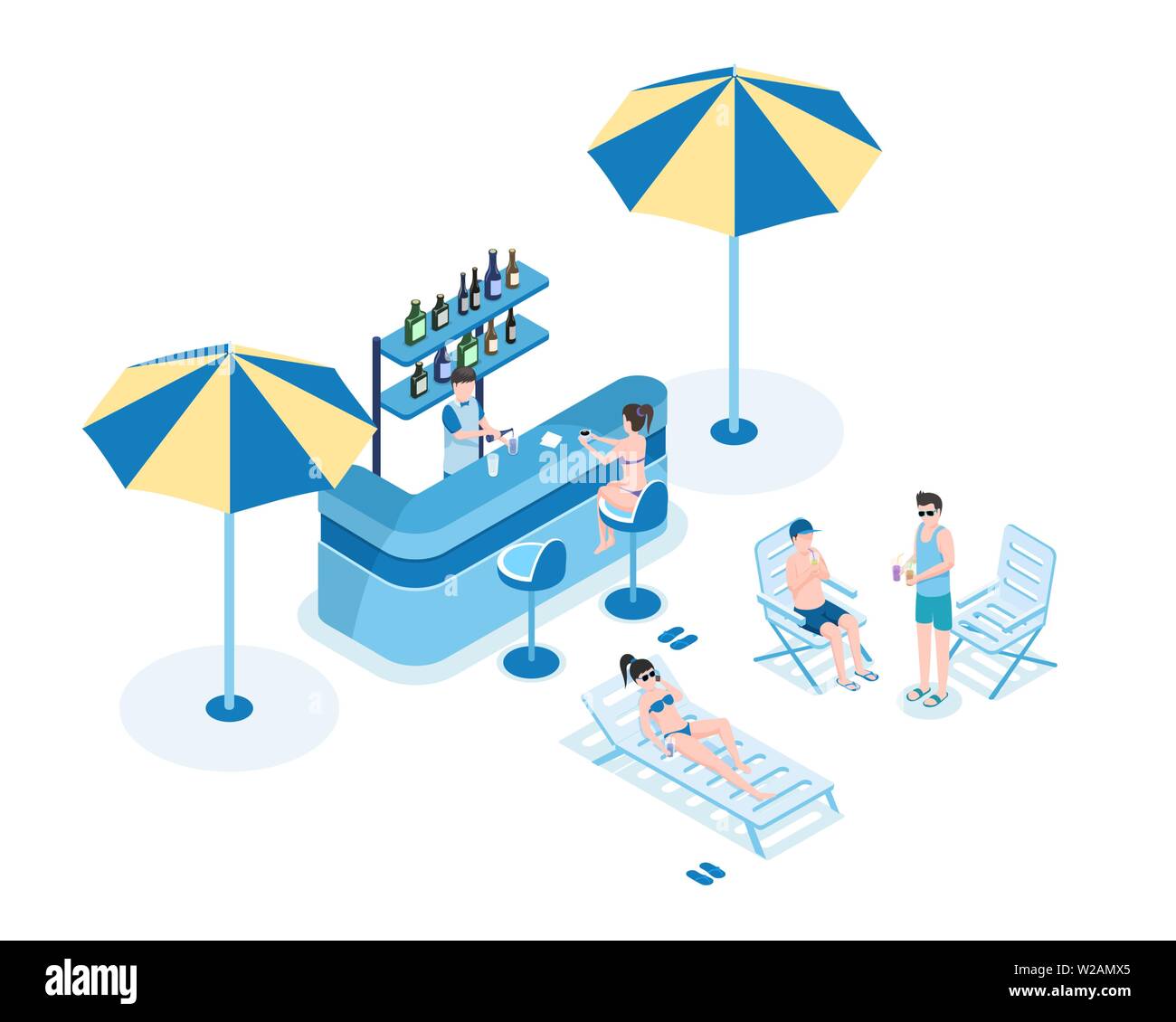 Les gens dans le bar de l'illustration vectorielle isométrique. Barman, dames en bikini et des hommes dans les vêtements d'été les personnages de dessins animés 3D. Faire barman cocktail, les jeunes touristes de boire des rafraîchissements Illustration de Vecteur