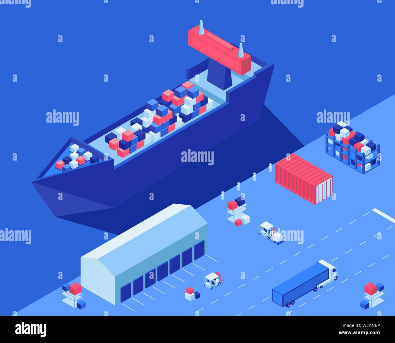Le déchargement des navires de fret vector illustration isométrique. La distribution de l'expédition, les chariots élévateurs et de camions de transport de marchandises au centre logistique. Affaires d'expédition de conteneurs industriels, d'importation et d'exportation Illustration de Vecteur