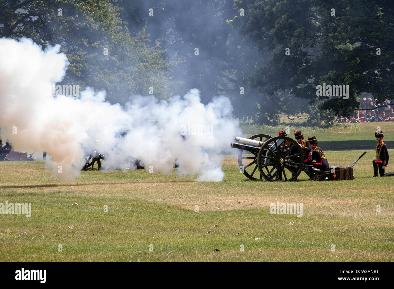 Cette photo montre le salut au canon 21 Président de Trump à Green Park par les troupes du roi Royal Horse Artillery le 03/06/19 Banque D'Images