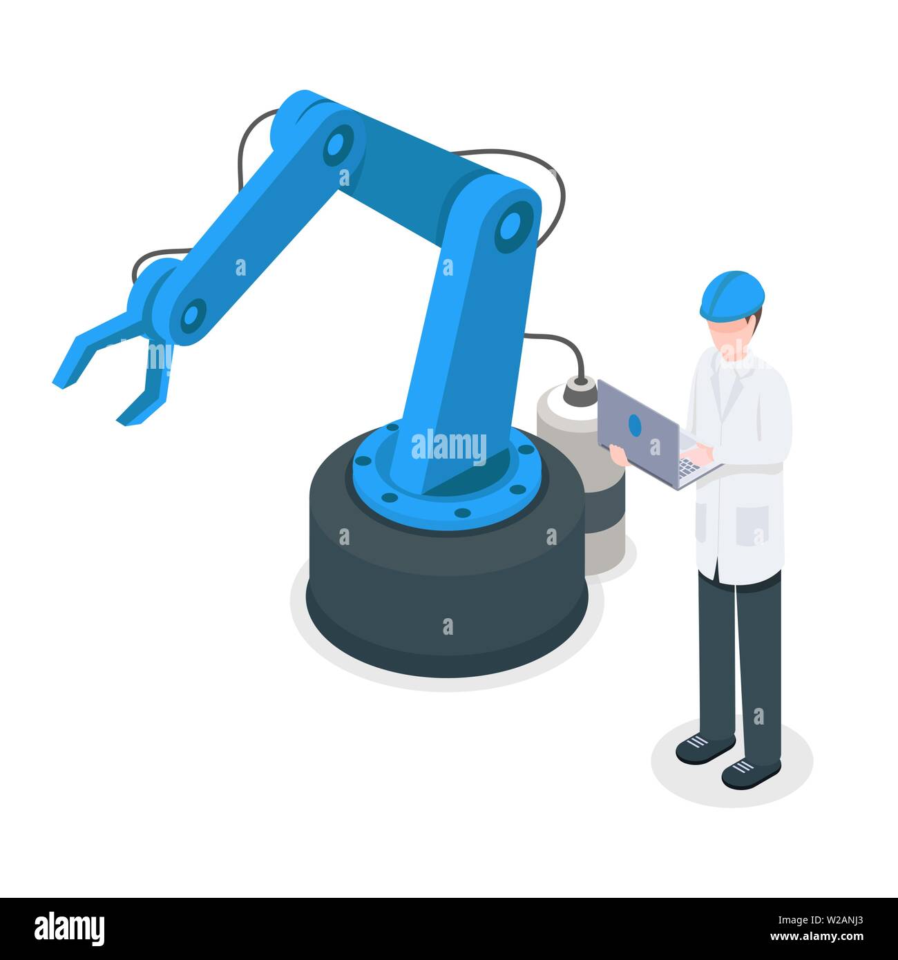 Contrôle de l'usine robotique ingénieur logiciel grue. Contrôlé à distance les machines industrielles, la technologie de montage vector illustration isométrique. Technologie de fabrication autonome concept 3d Illustration de Vecteur