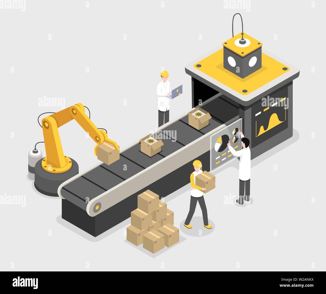 Le processus d'empaquetage automatique, l'assemblage final. Bras robotisé grue, empiler les caisses avec le produit vector illustration isométrique. Ingénieurs, experts de suivi, assurer la qualité 3d concept Illustration de Vecteur