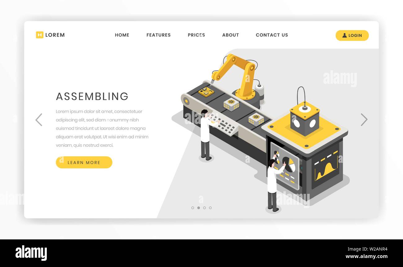 L'assemblage, la construction de processus, modèle de page d'atterrissage. Les ingénieurs industriels fabrication autonome de surveillance vector illustration isométrique. L'usine moderne et futuriste, site web du centre de recherche Illustration de Vecteur