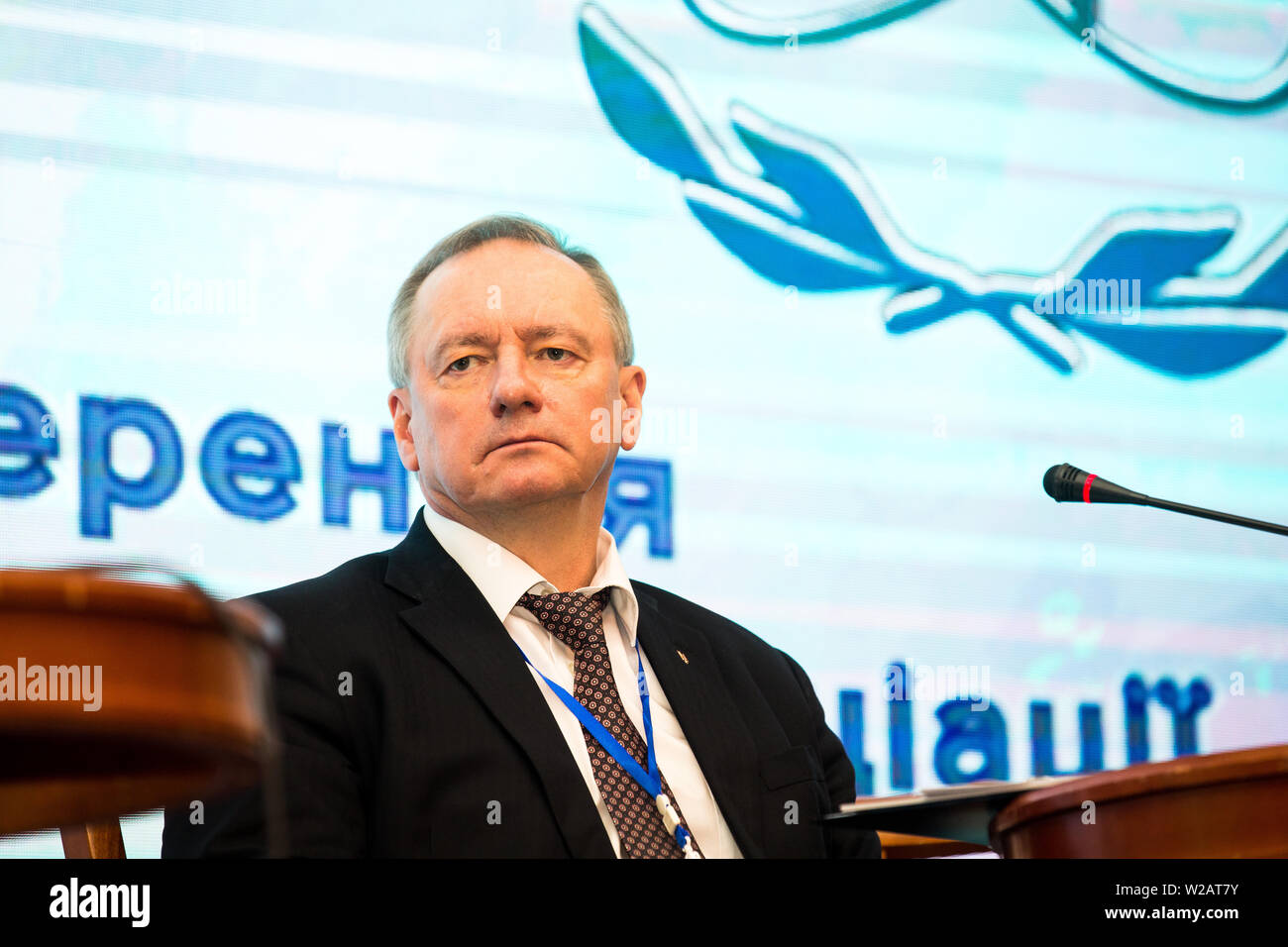 L'Ukraine appartenant à l'état du réacteur nucléaire de puissance tête EnergoAtom Yury Nedashkovsky chaises 10e Forum nucléaire l'Ukraine, le 3 juillet 2019 Premier Palace de Kiev. Banque D'Images