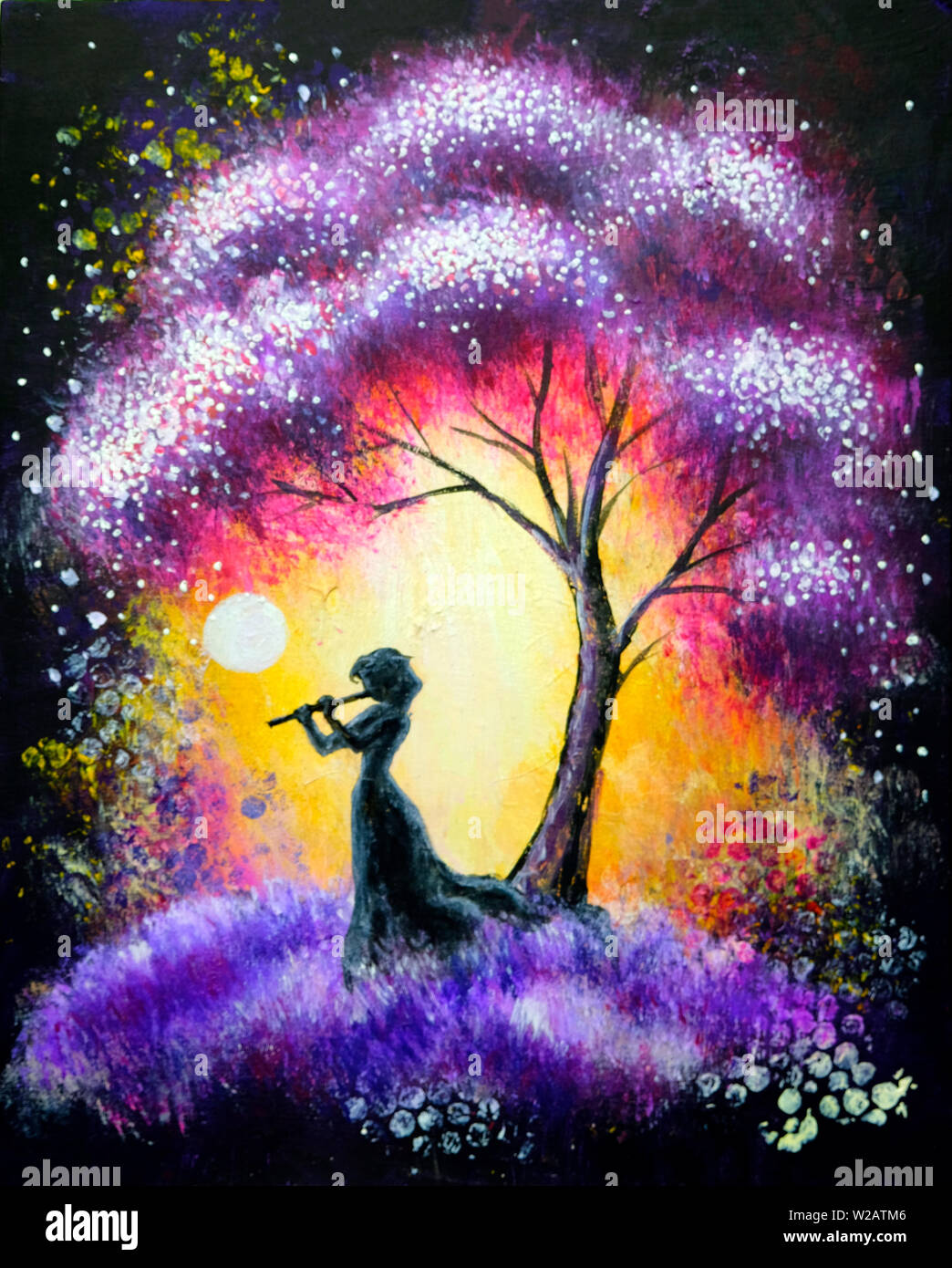 Paysage peinture huile acrylique violet coloré, arbre à la nuit avec une belle femme. Impressionisme, peinte à la main paysage extérieur. Banque D'Images