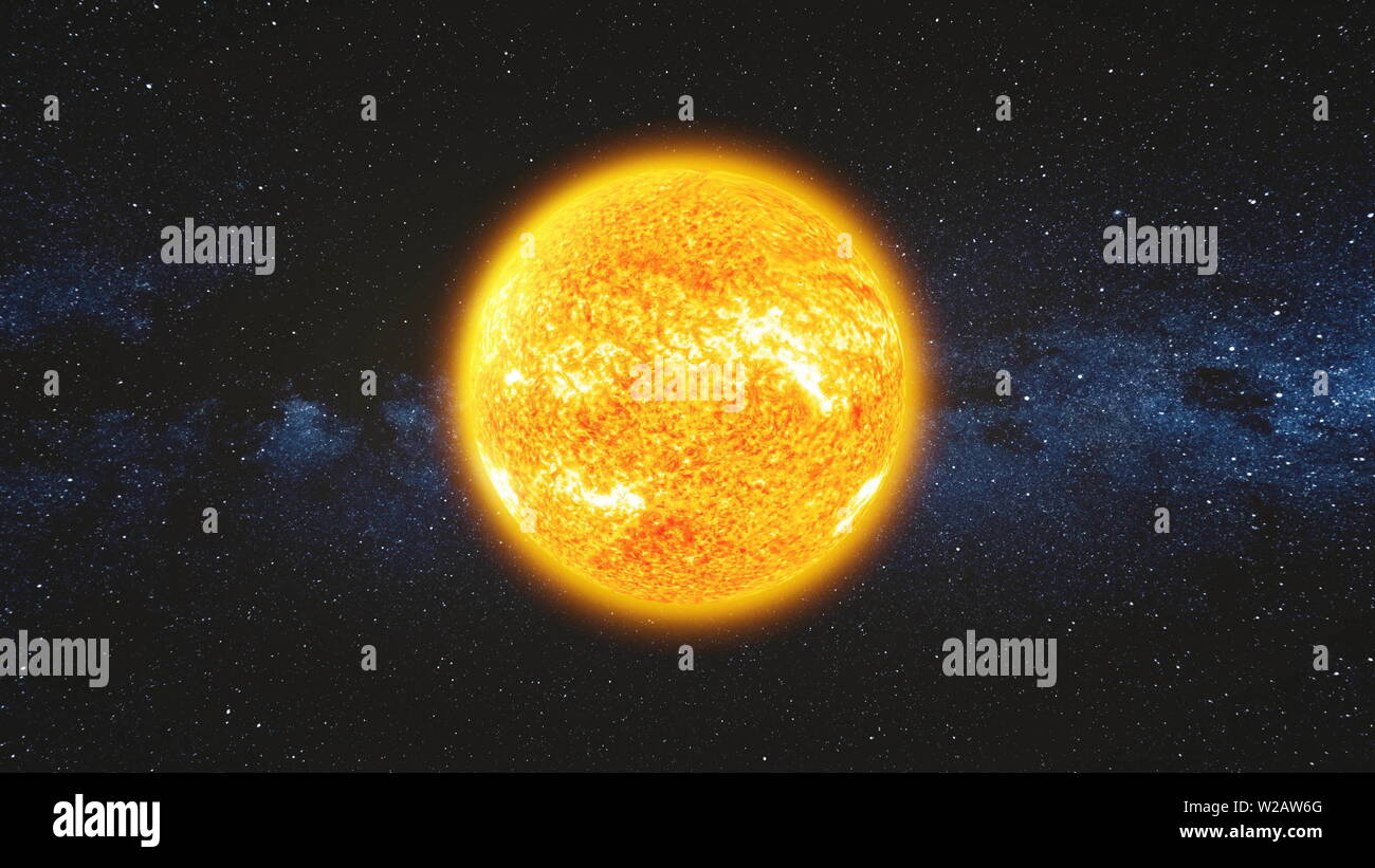 Vue de l'espace sur la surface brillante du soleil avec les éruptions solaires tournent dans des univers noir dans les étoiles. Voie lactée dans l'arrière-plan. Rendu 3D très détaillés de l'animation. Éléments de cette image fournie par la NASA Banque D'Images