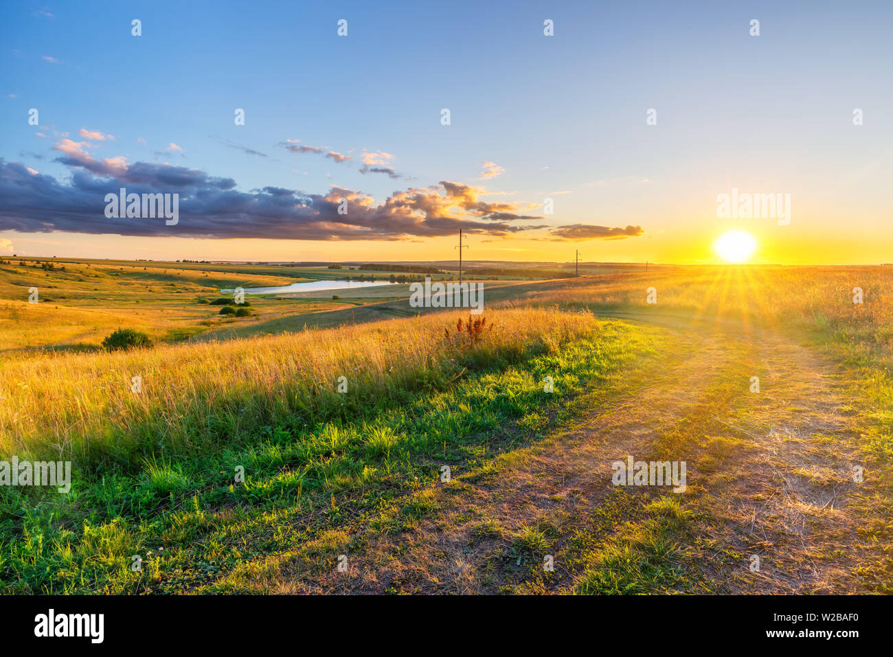 Paysage rural avec sol road et champ de blé à été magnifique coucher du soleil Banque D'Images