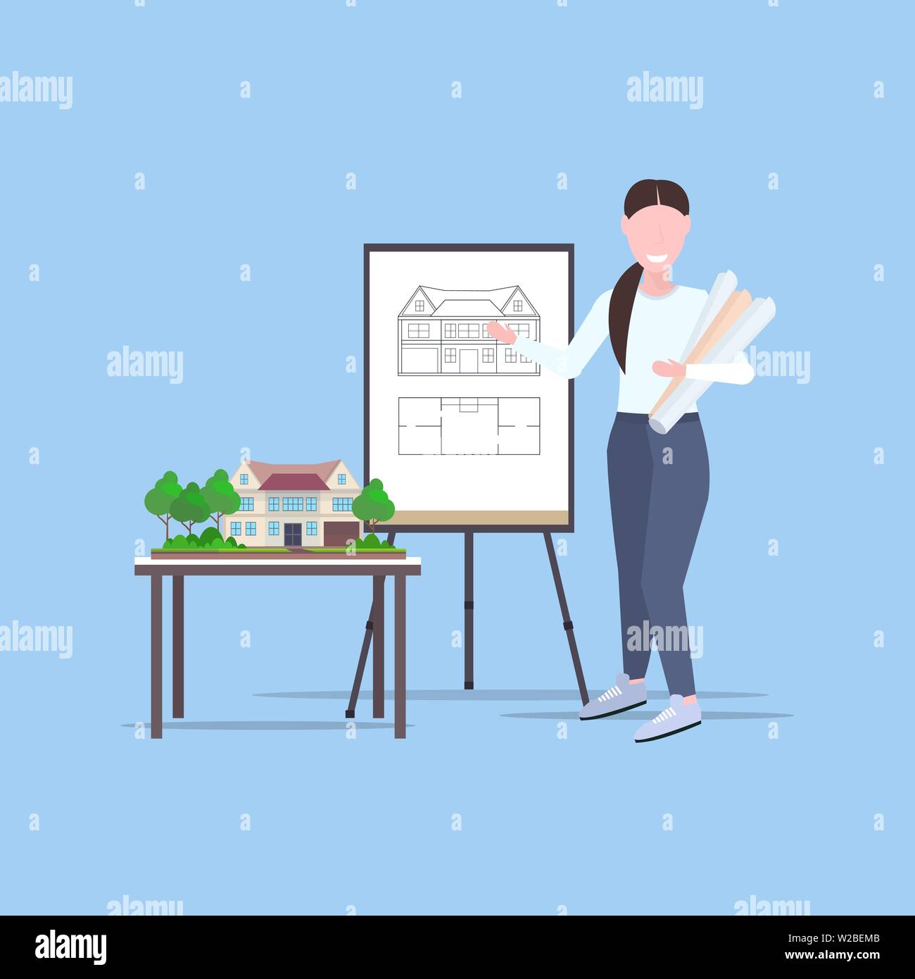 Woman architect holding rolled up blueprints ingénieur femelle présentant nouvelle maison de l'architecture du projet construction concept télévision pleine longueur Illustration de Vecteur