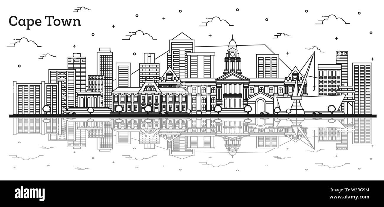 Contours Cape Town Afrique du Sud sur les toits de la ville avec des bâtiments modernes et des réflexions isolé sur blanc. Vector Illustration. La ville de Cape Town. Illustration de Vecteur